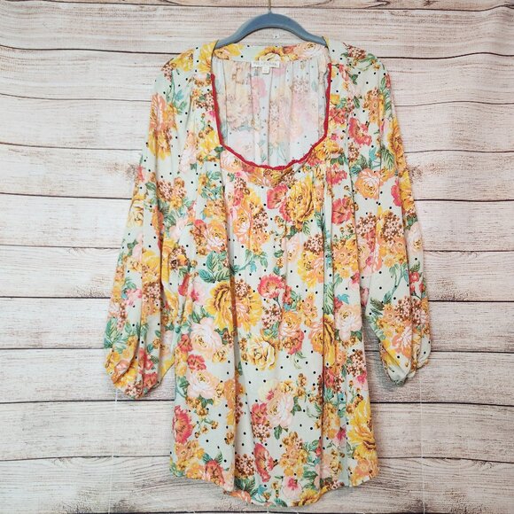 fig and flower Tops - Anthropologie Fig & Flower Yellow Pink Linen Blend Floral Peasant Top Plus 3X